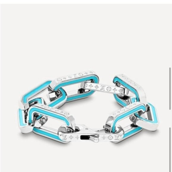 AUTHENTIC LOUIS VUITTON LVMONOGRAM LINKS STERLING & BLUE ENAMEL BRACELET 8 - Picture 9 of 15